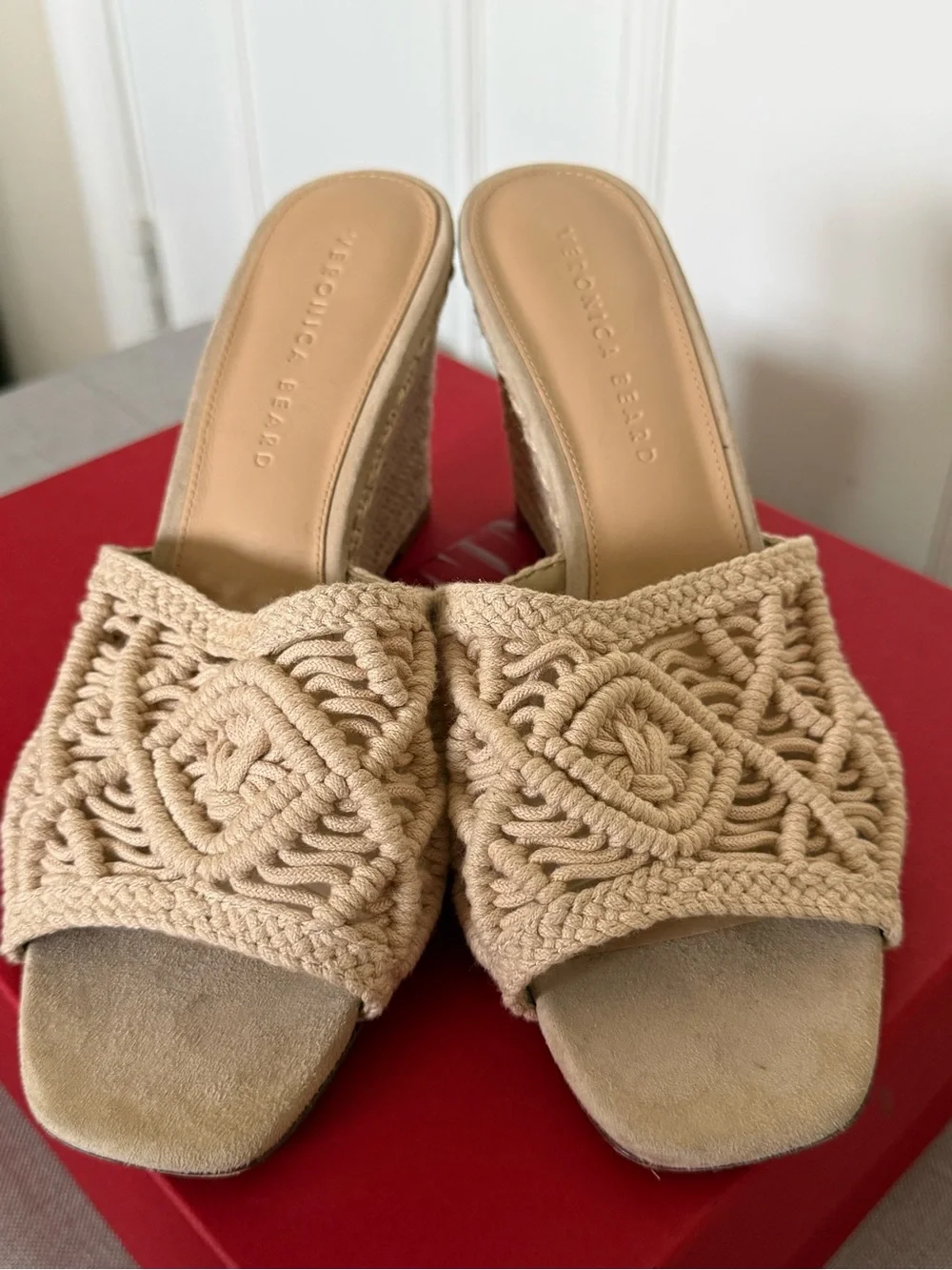 NEW Veronica Beard Natural Crochet Espadrille Wedge Mules Sz 9
